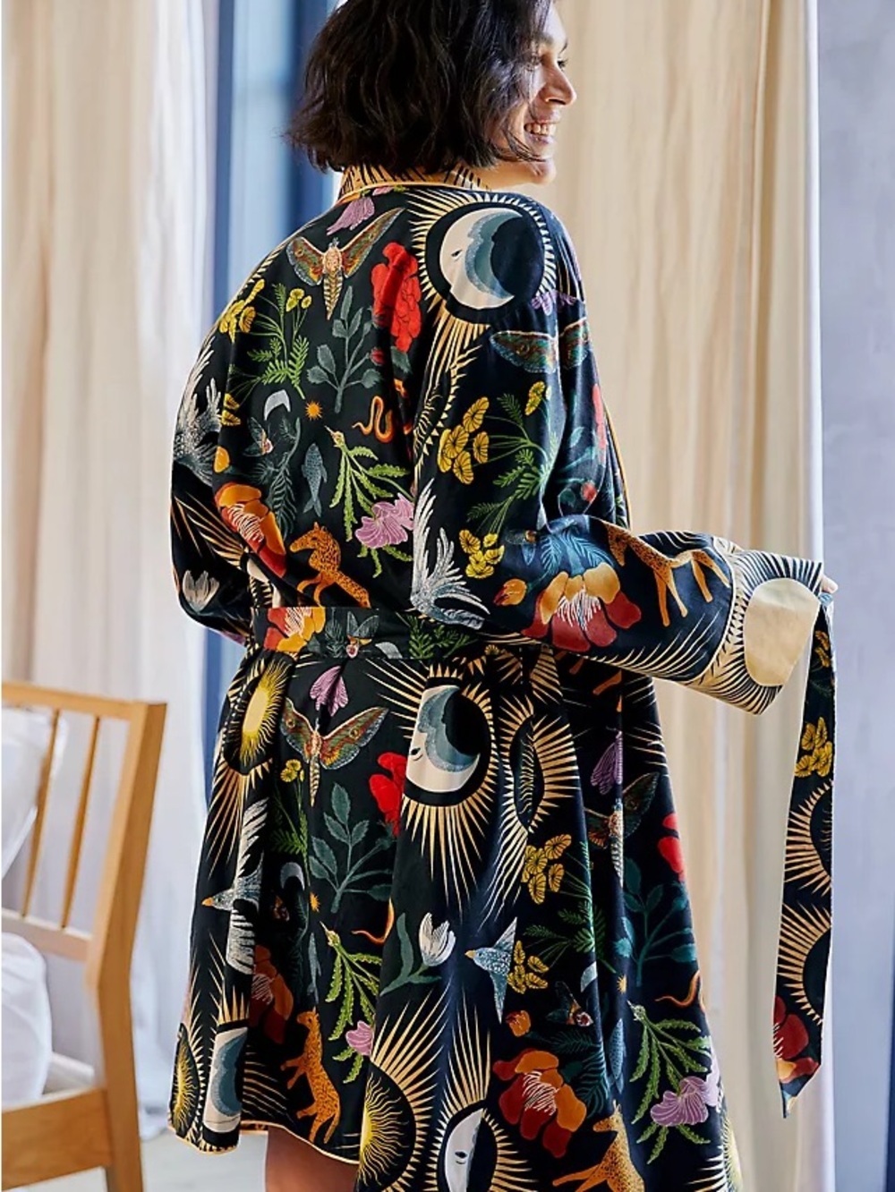 Anthropologie Black Sun & Botanical Print Robe - Picture 2 of 11